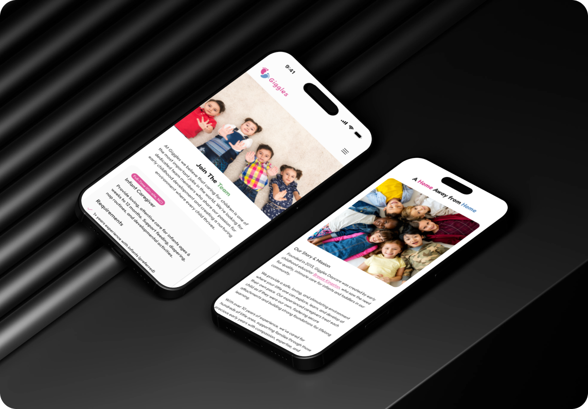 Giggles mobile-responsive design — two phone mockups showing the site adapted for mobile screens